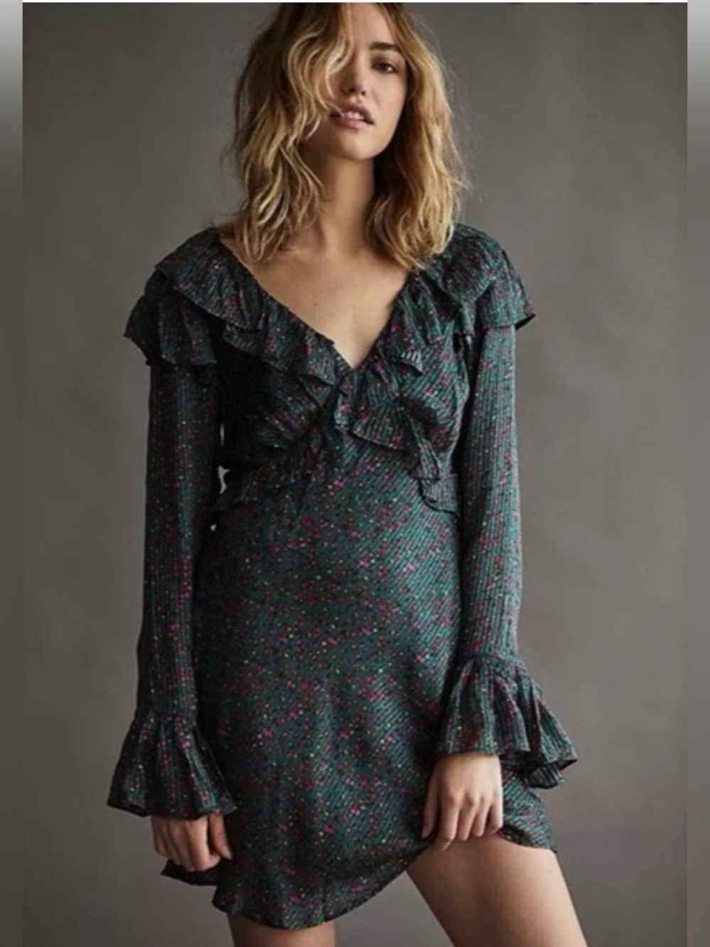 New Free People Sz 14 Sweetest Thing Mini Teal Ruffle Long Sleeve Dress $148